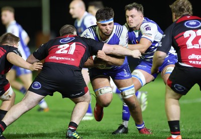 250925 - Bridgend Ravens RFC v Aberavon RFC, Super Rygbi Cymru - James Owen of Bridgend takes on Shay Smallman of Aberavon