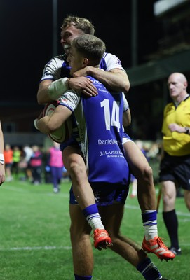 250925 - Bridgend Ravens RFC v Aberavon RFC, Super Rygbi Cymru - Mccauley Rowley of Bridgend and Harvey Nash of Bridgend celebrate after Rowley scores try