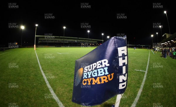250925 - Bridgend Ravens RFC v Aberavon RFC, Super Rygbi Cymru - A general view of the Brewery Field, Bridgend with a Super Rugbi Cymru branded corner flag