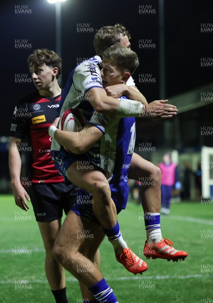 250925 - Bridgend Ravens RFC v Aberavon RFC, Super Rygbi Cymru - Mccauley Rowley of Bridgend and Harvey Nash of Bridgend celebrate after Rowley scores try
