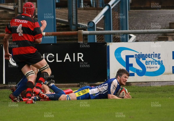 031112 Bridgend RFC v Aberavon RFC - Principality Premiership -Bridgend's Adam Hillier-Rees dives in to score a try 