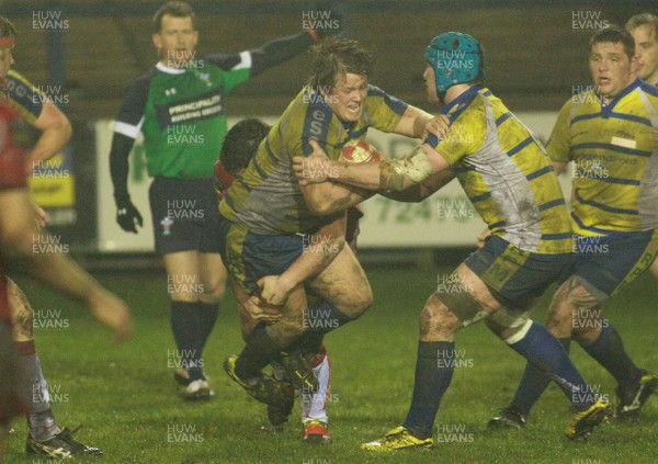 090312 Bridgend RFC v Llandovery RFC - Principality Premiership -Bridgend's Chris Francis takes the hit from Llandovery's Dean Howells