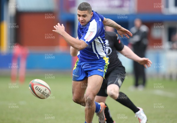 230213 - Bridgend v Neath, Principality Premiership - Bridgend's Glen Lewis looks to take the ball