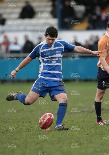 14.01.12 Bridgend RFC v Pontypridd RFC - Principality Premiership - Bridgend's Dai Flanagan slots a penalty with the last kick of the to secure a win for the home team    