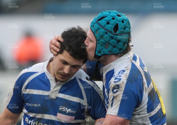 14.01.12 Bridgend RFC v Pontypridd RFC - Principality Premiership - Bridgend's match winner Dai Flanagan(L) is congratulated by team-mate  Matthew Llewellyn 