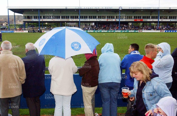 240503 - Bridgend v Pontypridd - Welsh Premiership - Bridgend fans anxiously await kick-off of their clubs final home game of the season as a fully professional club