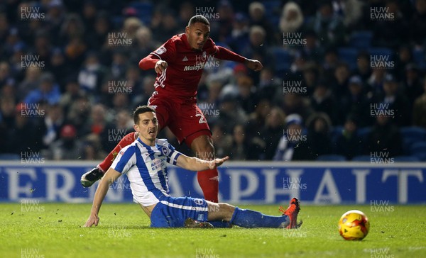 240117 - Brighton & Hove Albion v Cardiff City - SkyBet Championship - Kenneth Zohore of Cardiff City shot at goal is saved by keeper David Stockdale of Brighton