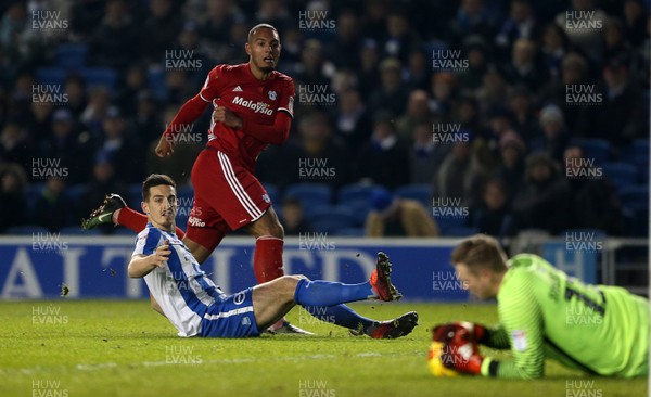 240117 - Brighton & Hove Albion v Cardiff City - SkyBet Championship - Kenneth Zohore of Cardiff City shot at goal is saved by keeper David Stockdale of Brighton