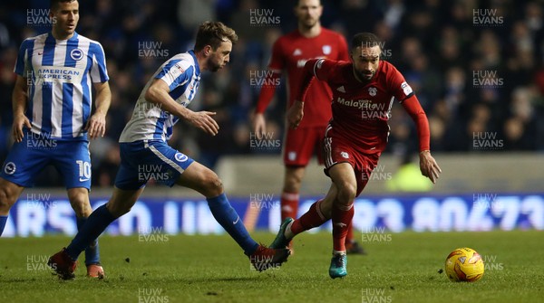 240117 - Brighton & Hove Albion v Cardiff City - SkyBet Championship - Jazz Richards of Cardiff City is challenged by Dale Stephens of Brighton