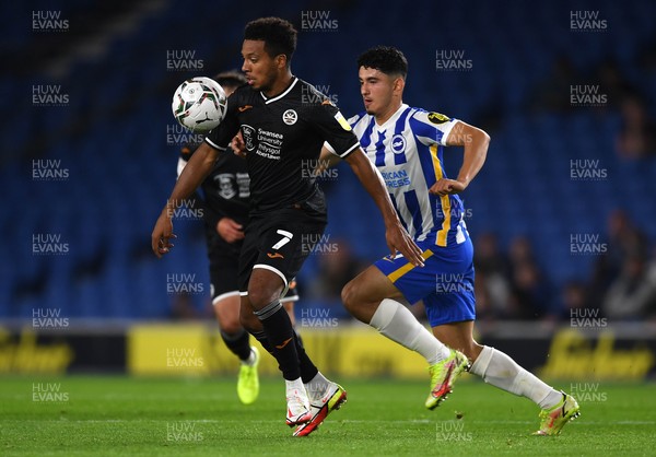 220921 - Brighton & Hove Albion v Swansea City - Carabao Cup - Korey Smith of Swansea City gets away from Steven Alzate of Brighton