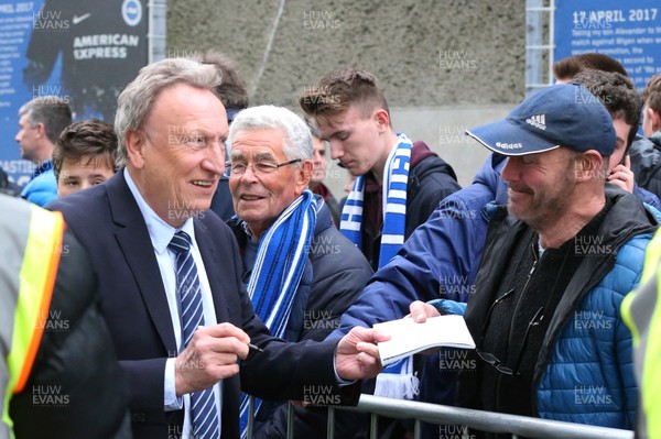 160419 - Brighton and Hove Albion v Cardiff City - Premier League - Neil Warnock shares a chat with fans 