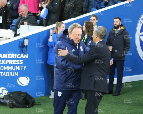 160419 - Brighton and Hove Albion v Cardiff City - Premier League - Chris Houghton manager of Brighton and Hove Albion greets Neil Warnock 