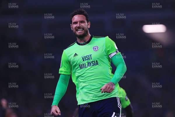 160419 - Brighton and Hove Albion v Cardiff City - Premier League - Sean Morrison of Cardiff City celebrates after giving Cardiff a two goal lead