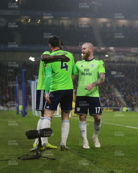 160419 - Brighton and Hove Albion v Cardiff City - Premier League - Sean Morrison is congratulated after scoring Cardiff�s second