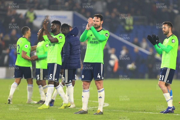 160419 - Brighton and Hove Albion v Cardiff City - Premier League - Sean Morrison with players applaud the travelling away support