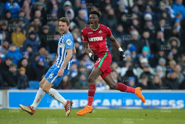 240218 - Brighton and Hove Albion v Swansea City, Premier League - Tammy Abraham of Swansea City reacts after scoring goal