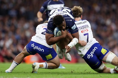 100525 - Bristol Bears v Bath Rugby - Gallagher Premiership - Kalaveti Ravouvou of Bristol is tackled by Jasper Spandler and Ethan Staddon of Bath 