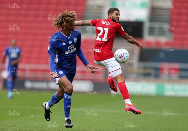040720 - Bristol City v Cardiff City - SkyBet Championship - Nahki Wells of Bristol City is challenged by Dion Sanderson of Cardiff City