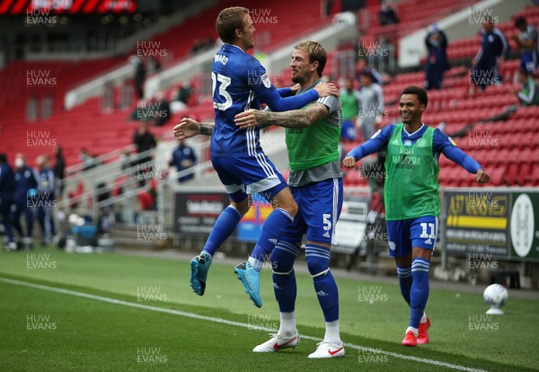 040720 - Bristol City v Cardiff City - SkyBet Championship - Danny Ward of Cardiff City celebrates scoring a goal with Aden Flint