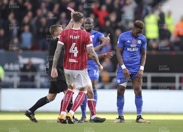 041117 - Bristol City v Cardiff City, Sky Bet Championship - Omar Bogle of Cardiff City is shown a red card