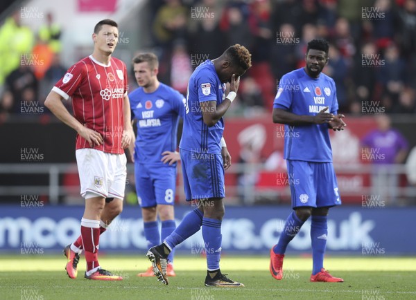 041117 - Bristol City v Cardiff City, Sky Bet Championship - Omar Bogle of Cardiff City leaves the pitch after he is shown a red card