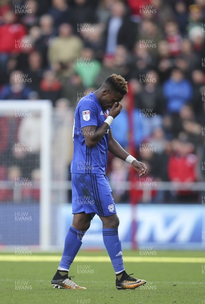 041117 - Bristol City v Cardiff City, Sky Bet Championship - Omar Bogle of Cardiff City leaves the pitch after he is shown a red card