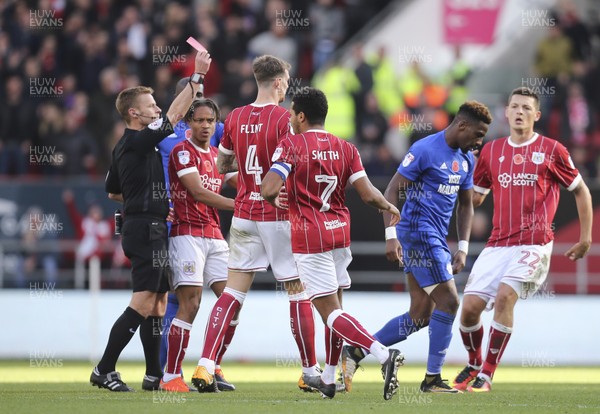 041117 - Bristol City v Cardiff City, Sky Bet Championship - Omar Bogle of Cardiff City is shown a red card