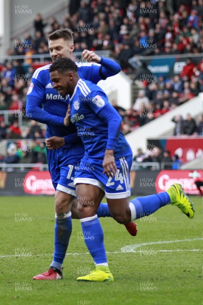 140117 - Bristol City v Cardiff City - Sky Bet Championship  Kadeem Harris of Cardiff City celebrates scoring his side's second goal with team-mate Anthony Pilkington by Huw Evans Agency