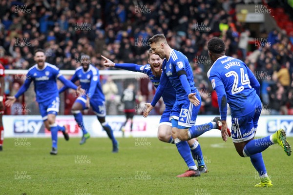 140117 - Bristol City v Cardiff City - Sky Bet Championship  Anthony Pilkington of Cardiff City celebrates scoring his side's third goal with team-mates by Huw Evans Agency