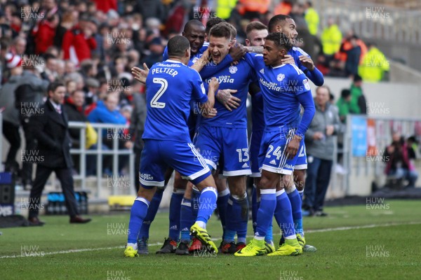 140117 - Bristol City v Cardiff City - Sky Bet Championship  Anthony Pilkington of Cardiff City celebrates scoring his side's third goal with team-mates by Huw Evans Agency