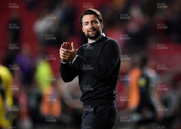 200821 - Bristol City v Swansea City - EFL SkyBet Championship - Swansea City Manager Russell Martin celebrates at the end of the game