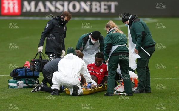 241020 - Bristol City v Swansea City, Sky Bet Championship - Steven Sessegnon of Bristol City is stretchered from the pitch after sustaining an injury