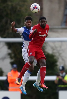 110816 - Bristol Rovers v Cardiff City - EFL Cup - Ellis Harrison of Bristol Rovers and Bruno Ecuele Manga of Cardiff City go up for the ball