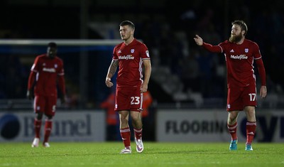 110816 - Bristol Rovers v Cardiff City - EFL Cup - Dejected Bruno Ecuele Manga, Matthew Kennedy and Aron Gunnarsson