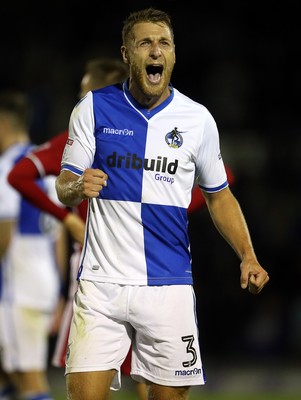 110816 - Bristol Rovers v Cardiff City - EFL Cup - Lee Brown of Bristol Rovers celebrates the victory at full time