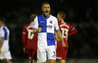 110816 - Bristol Rovers v Cardiff City - EFL Cup - Lee Brown of Bristol Rovers celebrates the victory at full time