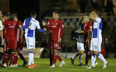 110816 - Bristol Rovers v Cardiff City - EFL Cup - Dejected Anthony Pilkington of Cardiff City shakes hands with Daniel Leadbitter of Bristol Rovers at full time