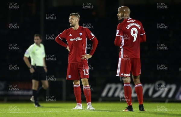 110816 - Bristol Rovers v Cardiff City - EFL Cup - Dejected Anthony Pilkington and Frederic Gounongbe of Cardiff City