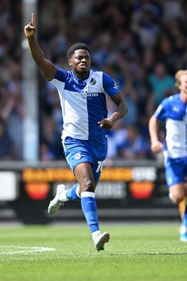 220826 - Bristol Rovers v Newport County - Sky Bet League 2 - Bobby Kamwa of Bristol Rovers celebrates scoring a goal and runs towards the Newport fans