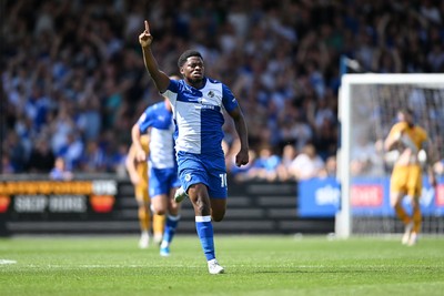 220826 - Bristol Rovers v Newport County - Sky Bet League 2 - Bobby Kamwa of Bristol Rovers celebrates scoring a goal and runs towards the Newport fans