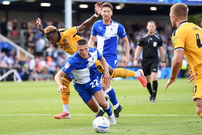 220826 - Bristol Rovers v Newport County - Sky Bet League 2 - Shaquille Gwengwe of Newport County is challenged by Keenan Gough of Bristol Rovers