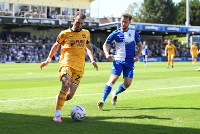 220826 - Bristol Rovers v Newport County - Sky Bet League 2 - Christian Doidge of Newport County is challenged by Tom James of Bristol Rovers