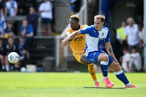 220826 - Bristol Rovers v Newport County - Sky Bet League 2 - Shaquille Gwengwe of Newport County is challenged by Kofi Balmer of Bristol Rovers