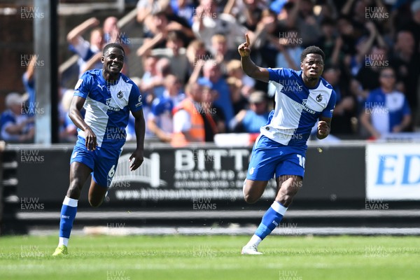 220826 - Bristol Rovers v Newport County - Sky Bet League 2 - Bobby Kamwa of Bristol Rovers celebrates scoring a goal and runs towards the Newport fans