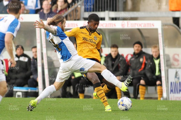 241015 - Bristol Rovers v Newport County - Sky Bet League 2 -Medy Elito of Newport County has his cross blocked by Stuart Sinclair of Bristol Rovers