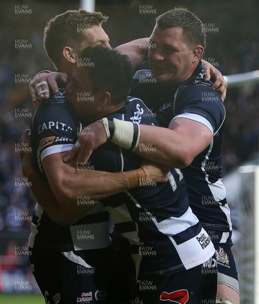 250516 - Bristol Rugby v Doncaster Knights - Championship Final - Will Cliff of Bristol celebrates scoring a try with team mates