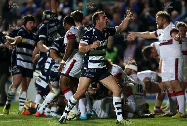 250516 - Bristol Rugby v Doncaster Knights - Championship Final - Luke Arscott of Bristol celebrates after James Phillips scores a try