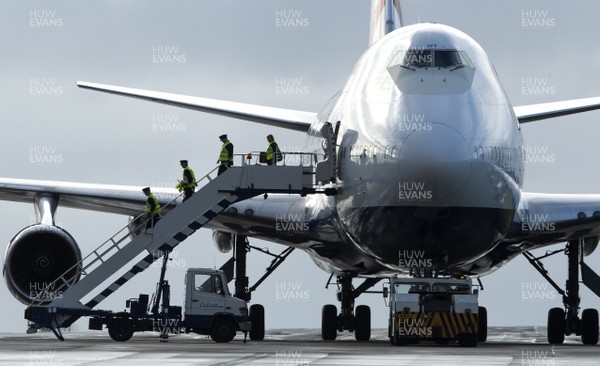 081020 -  The aircrew including the pilot leave the aircraft for the final time after the last British Airways 747 jumbo jet to take off from Heathrow arrives at St Athan in South Wales before being scrapped