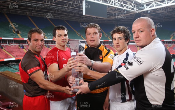 14.10.10.. British and Irish Cup Photocall, Millennium Stadium -  Representatives of the Welsh clubs playing in this weekends round of matches in the  British and Irish Cup with the trophy. Left to right - Craig Hawkins, Llanelli RFC; Cerith Rees, Llandovery RFC; Dai Pattison, Newport RFC; Matthew Morgan, Swansea RFC and Ryan Harford, Pontypridd RFC 