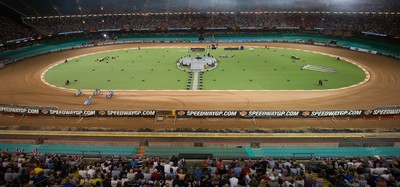 210718 - British FIM Speedway Grand Prix, Cardiff - A general view of the Principality Stadium as riders make their way around the track at the British FIM Speedway Grand Prix